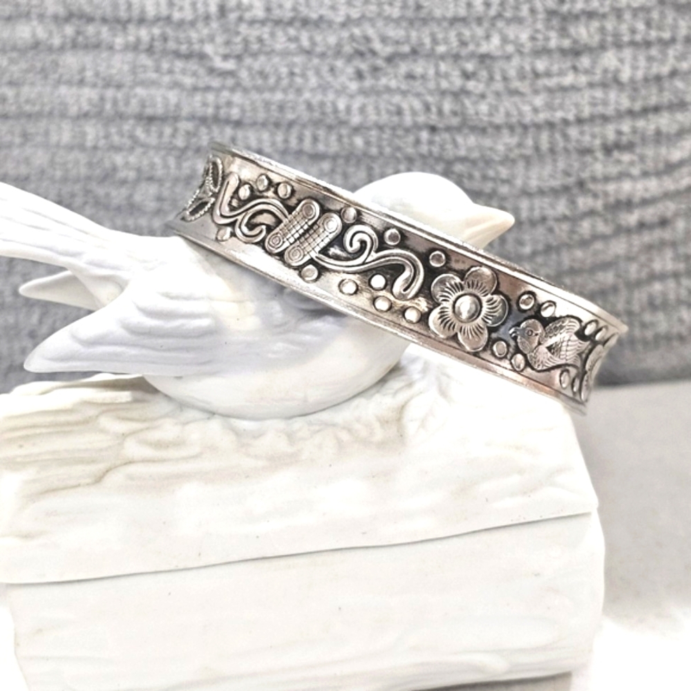 Floral Bird Cuff Bracelet Artisan-Created White Copper and Zinc Oxidized